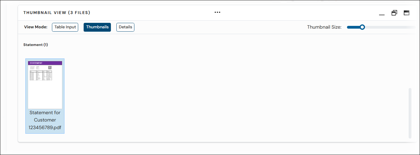 An upload document displayed when Thumbnail view is selected when uploading documents.